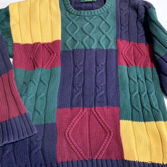 Vtg y2k Geometric Color Block Chunky Knit Sweater X Large crew cotton Pullover - Picture 2 of 11